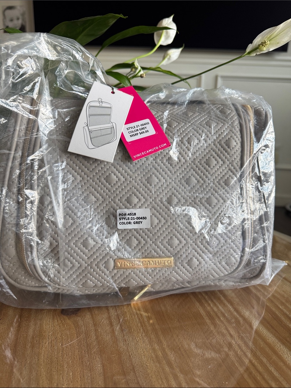 Vince Camuto Quilted Cosmetic Pouch in Grey with Gold Hardware